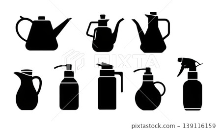 Black Solid Oil Cruet Silhouettes Set of Six on White Background 139116159