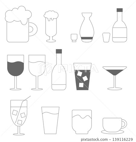簡易飲品圖示集 2（啤酒、葡萄酒、雞尾酒、軟性飲料）- 線條藝術 139116229