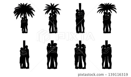Black Solid Palm Tree Hugger Silhouettes Set of Six on White Background Black Solid Palm Tree Hugger Silhouettes Set of Six on White Background 139116319
