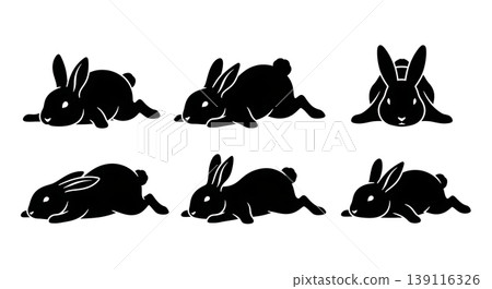 Black Solid Pancake Bunny Silhouettes Set of Six on White Background Black Solid Pancake Bunny Silhouettes Set of Six on White Background 139116326