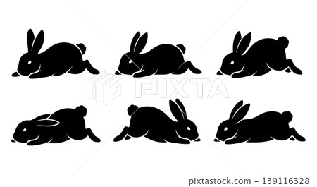 Black Solid Pancake Bunny Silhouettes Set of Six on White Background Black Solid Pancake Bunny Silhouettes Set of Six on White Background 139116328