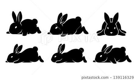 Black Solid Pancake Bunny Silhouettes Set of Six on White Background Black Solid Pancake Bunny Silhouettes Set of Six on White Background 139116329