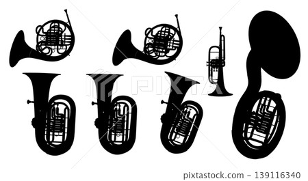 Black Solid Tribal Wind Instrument Silhouettes Set of Six on White Background 139116340