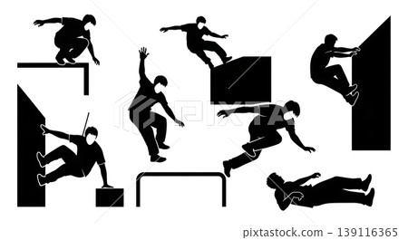 Black Solid Parkour Traceurs Silhouettes Set of Six on White Background 139116365