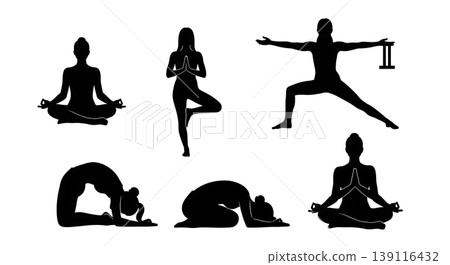 Black Solid Peace Mindfulness Seated Silhouettes Set of Six on White Background 139116432