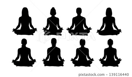 Black Solid Peace Quiet Meditation Yoga Silhouettes Set of Six on White Background Black Solid Peace Quiet Meditation Yoga Silhouettes Set of Six on White Background 139116440