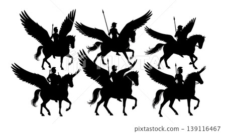 Black Solid Pegasus with Rider Silhouettes Set of Six on White Background 139116467