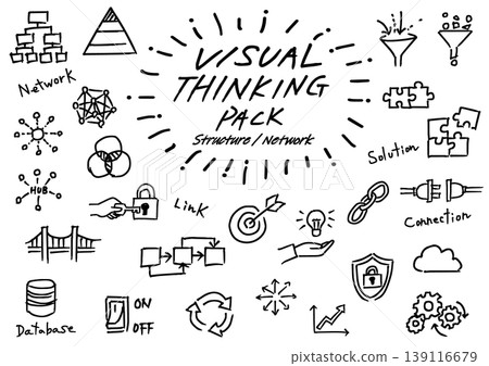Hand-drawn line art visual thinking network icon set 139116679