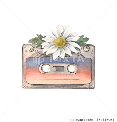 Hand-painted watercolor illustration, audio cassette and white chrysanthemum with leaves, isolated on white. Perfect for music branding, album covers, posters, packaging, editorials, lifestyle design Hand-painted watercolor illustration, audio cassette and white chrysanthemum with leaves, isolated on white. Perfect for music branding, album covers, posters, packaging, editorials, lifestyle design 139116961