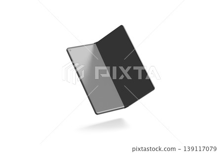 Blank black flexible book phone display half opened mockup png, transparent background, 3d rendering. Empty digital flip smartphone innovation mock up cut out. Clear portable transforming clamshell. Blank black flexible book phone display half opened mockup png, transparent background, 3d rendering. Empty digital flip smartphone innovation mock up cut out. Clear portable transforming clamshell. 139117079