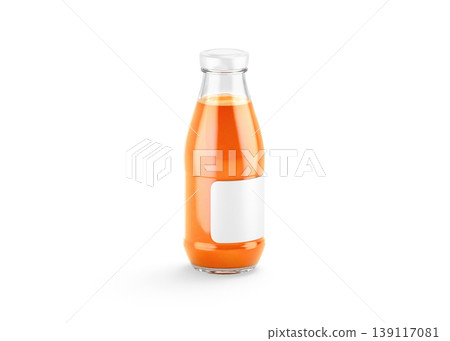 Blank transparent glass carrot juice bottle with white label mockup png, transparent background, 3d rendering. Empty squeezed carrots canned drink mock up cut out. Clear natural plant juicy template. 139117081
