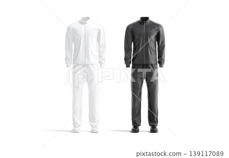 Blank black and white sport team unifrom mockup png, transparent background, 3d rendering. Empty tracksuit with sweatpants and jacket tennis or hockey mock up cut out. Sportsman jersey template. Blank black and white sport team unifrom mockup png, transparent background, 3d rendering. Empty tracksuit with sweatpants and jacket tennis or hockey mock up cut out. Sportsman jersey template. 139117089