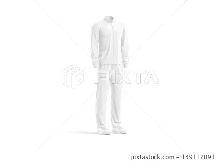 Blank white sport team uniform mockup png, transparent background, 3d rendering. Empty sports activewear with jacket and pants for trainer mock up cut out. Clear sporty outfit suit for crew template. 139117091