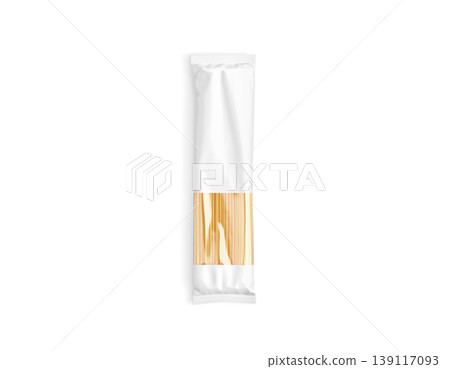 Blank white paper transparent pack with spaghetti pasta mockup png, transparent background 3d rendering. Empty raw vermicelli mel mock up cut out. Clear italy food spaghettoni tube packaging template. 139117093