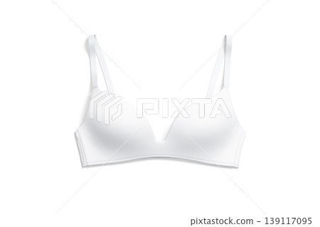 Blank white wireless bra mockup png, transparent background, 3d rendering. Empty woman spandex lace brassiere mock up cut out. Clear seamless waist up underclothes or fitness top with straps template. 139117095