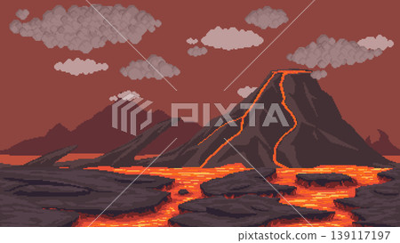 Pixel art volcanic lava landscape background 139117197
