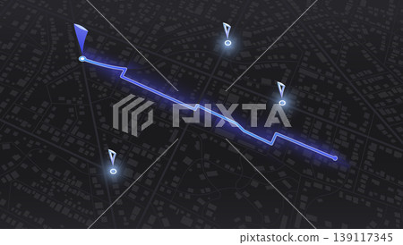 Dark mode GPS navigation map with glowing blue route line and location markers on black city grid background. Vector illustration. Dark mode GPS navigation map with glowing blue route line and location markers on black city grid background. Vector illustration. 139117345