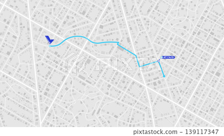 Grey urban street map featuring blue travel path with arrival time indicator for gps app interface. Vector illustration. Grey urban street map featuring blue travel path with arrival time indicator for gps app interface. Vector illustration. 139117347