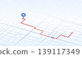 Route path with location markers displayed on isometric map grid showing navigation journey from start to finish point. Vector illustration. 139117349