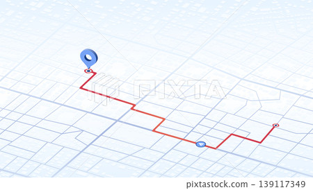 Route path with location markers displayed on isometric map grid showing navigation journey from start to finish point. Vector illustration. 139117349