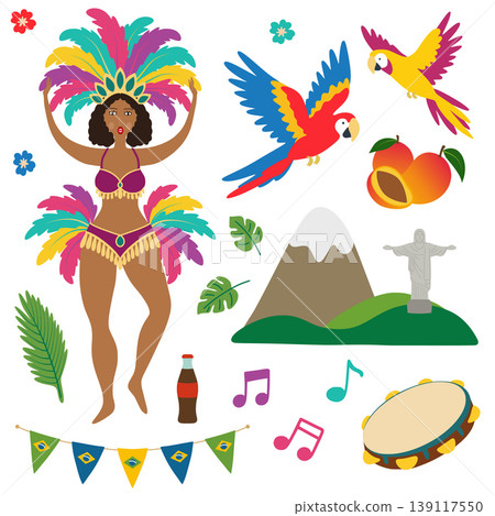 Brazilian carnival celebration, culture, and tropical nature icons Brazilian carnival celebration, culture, and tropical nature icons 139117550
