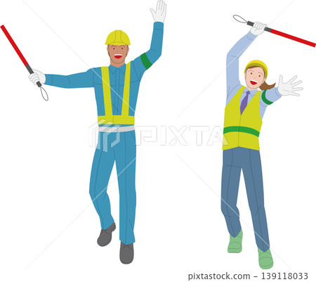 An illustration depicting a male and female safety guide, conveying an image of energetic work. 139118033