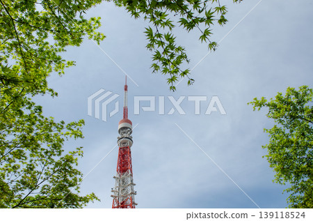 A view of Tokyo Tower, framed by green trees against a cloudy sky. A view of Tokyo Tower, framed by green trees against a cloudy sky. 139118524