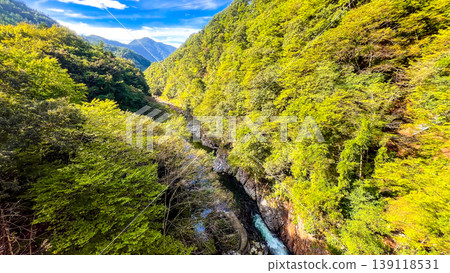 群馬縣沼田市的吹割峽壯麗景色和片科川清澈河水：一處風景名勝。 139118531
