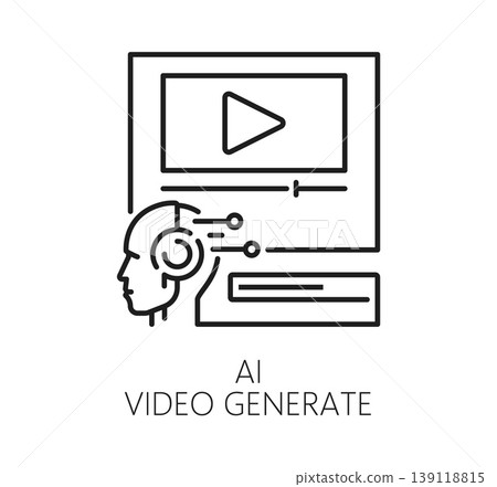 AI video generation artificial intelligence technology icon with human head and circuit connected to video player screen with play button and timeline. Vector AI technology digital media platforms AI video generation artificial intelligence technology icon with human head and circuit connected to video player screen with play button and timeline. Vector AI technology digital media platforms 139118815