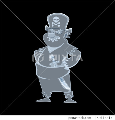 Cartoon pirate ghost character standing with arms akimbo and curved sword. Spooky corsair sailor spirit Halloween personage in tricorn hat and classic pirate costume. Vector undead buccaneer phantom Cartoon pirate ghost character standing with arms akimbo and curved sword. Spooky corsair sailor spirit Halloween personage in tricorn hat and classic pirate costume. Vector undead buccaneer phantom 139118817