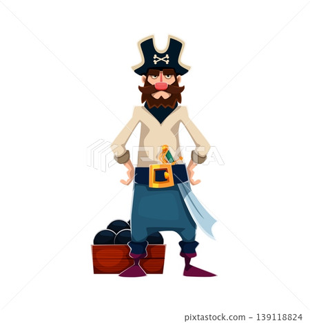 Cartoon pirate captain or gunner character standing confidently with sword and chest of cannonballs. Vector sailor corsair personage in pirate costume with tricorn and beard, ready for sea adventure 139118824