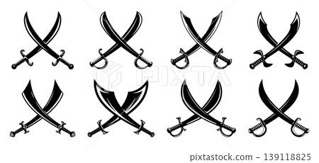 Crossed pirate sabers and swords, warrior battle blades and daggers icons. Vector crossed cutlasses on white background for tattoo, pirate game UI, heraldic emblems, and adventure projects 139118825