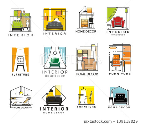 House interior, decor and furniture icons with vector armchairs, sofa, floor lamps and shelves, cabinets, beds, cozy lounge chairs, drawers or tables. Modern house room interior design icons set 139118829