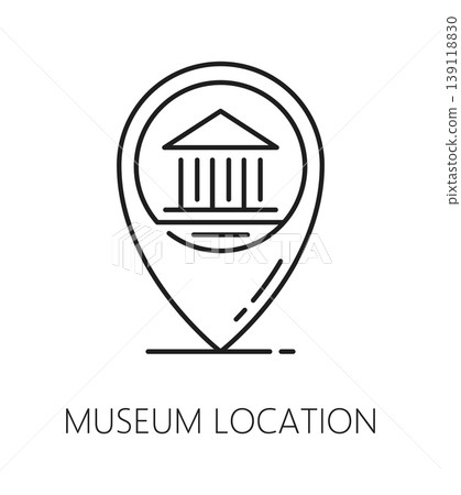 Museum exhibition or gallery location line icon or symbol. History museum thin line sign, tourism attraction vector icon. Tourist excursion exhibition symbol with city navigation location pin marker Museum exhibition or gallery location line icon or symbol. History museum thin line sign, tourism attraction vector icon. Tourist excursion exhibition symbol with city navigation location pin marker 139118830