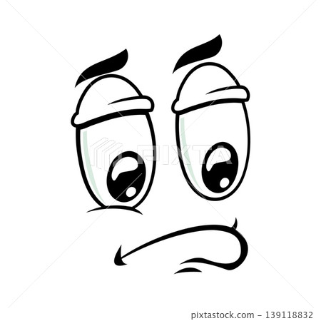 Cartoon sad face expression with large drooping oval eyes, heavy eyelids and small downturned mouth. Cartoon funny expression face for social media reactions, stickers or educational materials Cartoon sad face expression with large drooping oval eyes, heavy eyelids and small downturned mouth. Cartoon funny expression face for social media reactions, stickers or educational materials 139118832