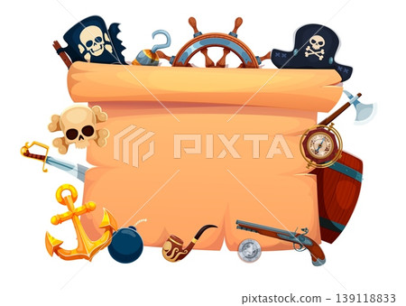 Vintage pirate banner featuring an old parchment scroll surrounded by pirate attributes. Vector banner with Jolly Roger flag, ship wheel, skull and crossbones. Pirate banner for party invitations Vintage pirate banner featuring an old parchment scroll surrounded by pirate attributes. Vector banner with Jolly Roger flag, ship wheel, skull and crossbones. Pirate banner for party invitations 139118833