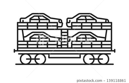 Cars shipping wagon, cargo transportation railway line icon or sign. Freight railroad transportation linear pictogram, goods shipment railway industry vector symbol. Vehicles and auto logistics icon Cars shipping wagon, cargo transportation railway line icon or sign. Freight railroad transportation linear pictogram, goods shipment railway industry vector symbol. Vehicles and auto logistics icon 139118861