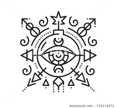 Pirate bomb esoteric line symbol. Pirate marine sacred lineart vector symbol, buccaneer esoteric outline print. Corsair nautical tarot thin line tattoo or sign with bomb explosion with burning wick 139118872