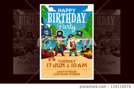 Cartoon kids pirate party flyer. Kids birthday holiday party vector flyer or poster template with little boy and girl pirate captain and sailor happy cartoon characters on treasure island beach Cartoon kids pirate party flyer. Kids birthday holiday party vector flyer or poster template with little boy and girl pirate captain and sailor happy cartoon characters on treasure island beach 139118878