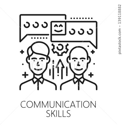 Communication life skills line icon or sign. Personality potential outline vector sign, person life skills linear symbol. Human communication ability icon or pictogram with two speaking man characters Communication life skills line icon or sign. Personality potential outline vector sign, person life skills linear symbol. Human communication ability icon or pictogram with two speaking man characters 139118882