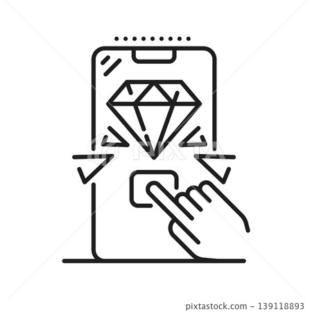 Smartphone loyalty program icon showing glowing diamond reward above a tap button. Linear pictogram representing exclusive benefit, gift coupon, reward, offer and prize for members in mobile interface Smartphone loyalty program icon showing glowing diamond reward above a tap button. Linear pictogram representing exclusive benefit, gift coupon, reward, offer and prize for members in mobile interface 139118893