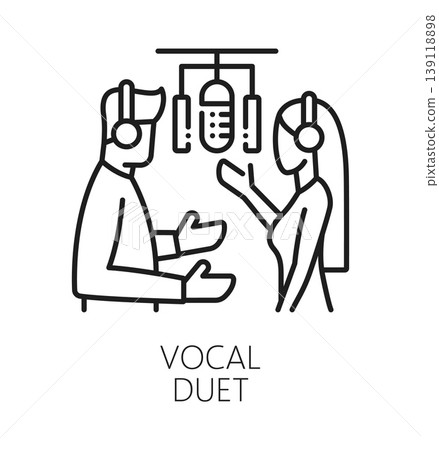 Vocal duet sound record line icon or label. Movie and video sound design vector symbol. Voice dubbing recording icon with man and woman voice actors in headphones, playing roles in front of microphone 139118898