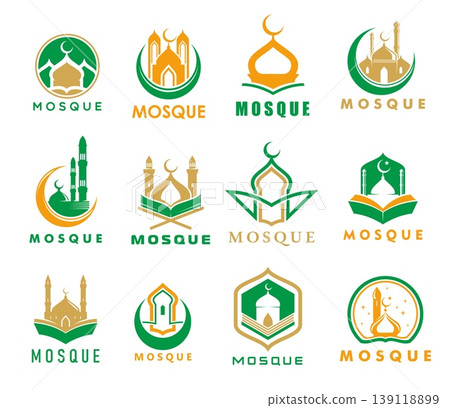 Ramadan Kareem holiday, muslim arabian mosque icons with islam quran books and domes vector silhouettes. Eid Mubarak, islamic architecture and arabic culture symbols of mosque dome, minarets and moon 139118899