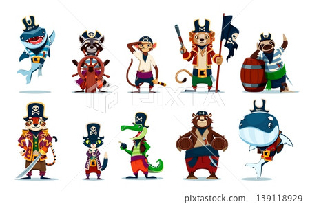Cartoon animal pirate and corsair vector characters. Shark sailor, raccoon helmsman, crocodile boatswain and tiger animal captain pirate. Whale, lion and cat seaman, bear gunner and monkey cabin boy Cartoon animal pirate and corsair vector characters. Shark sailor, raccoon helmsman, crocodile boatswain and tiger animal captain pirate. Whale, lion and cat seaman, bear gunner and monkey cabin boy 139118929