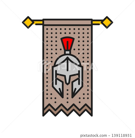 Heraldry banner flag color line icon or symbol. Antique medieval outline symbol, royal Coat of Arms pictogram. Ancient heraldry icon with spartan warrior helmet Heraldry banner flag color line icon or symbol. Antique medieval outline symbol, royal Coat of Arms pictogram. Ancient heraldry icon with spartan warrior helmet 139118931