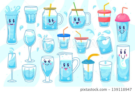 Cartoon fresh water healthy drinks and whimsical hydration. Cute happy glass, mug and cups, jar and pitchers with sparkling blue water and ice, with green orange straws and pink lids. Vector drinks Cartoon fresh water healthy drinks and whimsical hydration. Cute happy glass, mug and cups, jar and pitchers with sparkling blue water and ice, with green orange straws and pink lids. Vector drinks 139118947