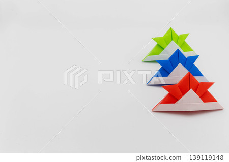 Origami samurai helmet, three-color arrangement, copy space, Children's Day design material, white background 139119148