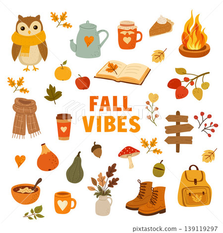 Autumn elements set with leaves pumpkins acorns cozy seasonal collection Autumn elements set with leaves pumpkins acorns cozy seasonal collection 139119297