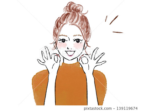 一個女人微笑著,給一個好的跡象 一個女人微笑著,給一個好的跡象 139119674