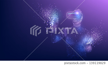 Concept of virtual reality technology. Woman wearing virtual reality headset connected to the virtual space. Vector illustration. Concept of virtual reality technology. Woman wearing virtual reality headset connected to the virtual space. Vector illustration. 139119829